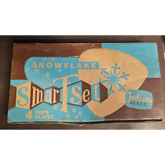VTG INDIANA GLASS Snowflake T Set for 4 Smartset Snack Atomic hinde & Daucn 1960 - Picture 1 of 10